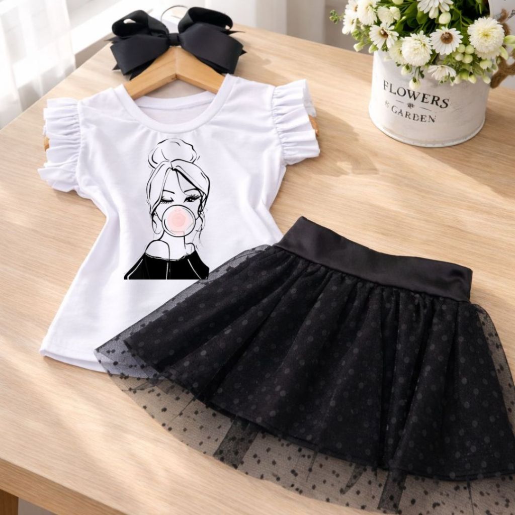 ✨ Conjunto Infantil Menina Look Elegante  Blusa branca Menina Coque chiclete + Short saia de Tule Poá Preta| Moda Kids