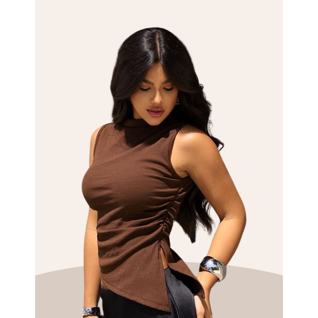 Kit Blusinha Assimétrica Feminina Ribana Canelada Moderna com Fenda Lateral Casual Elegante Moda Verão Tendência Estilos