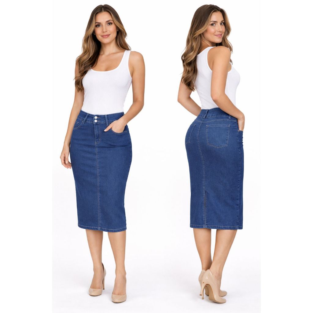 Saia jeans evangelica com bolso verdadeiro na frente