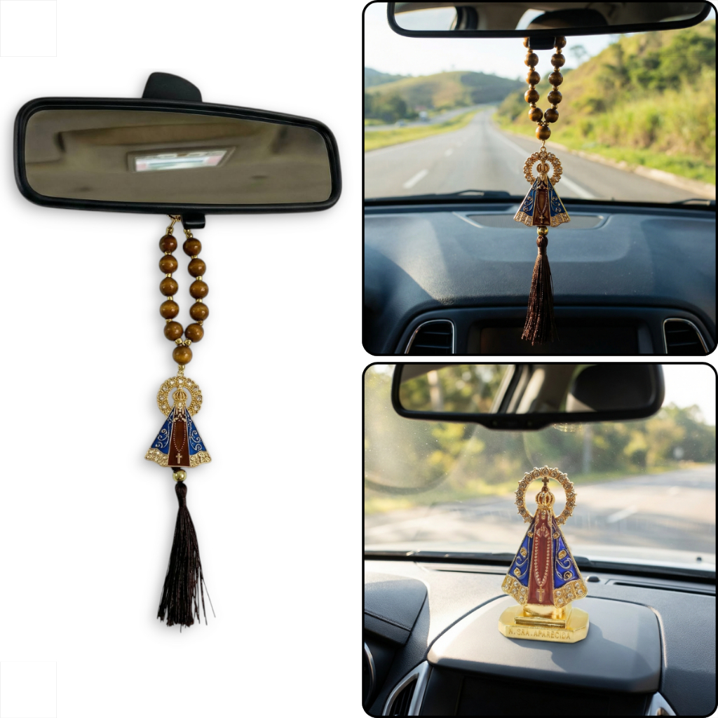 AB-Versa Kit Proteção Dezena Mini Terço Retrovisor Carro Caminhão Imagem Enfeite Santinha Nossa Senhora Aparecida