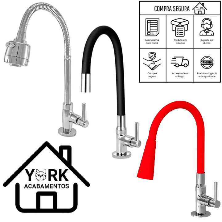 Torneira Cozinha Gourmet Bancada Flexível 1/4 Volta Cromada Preto ou Vermelho em Oferta na Shopee
