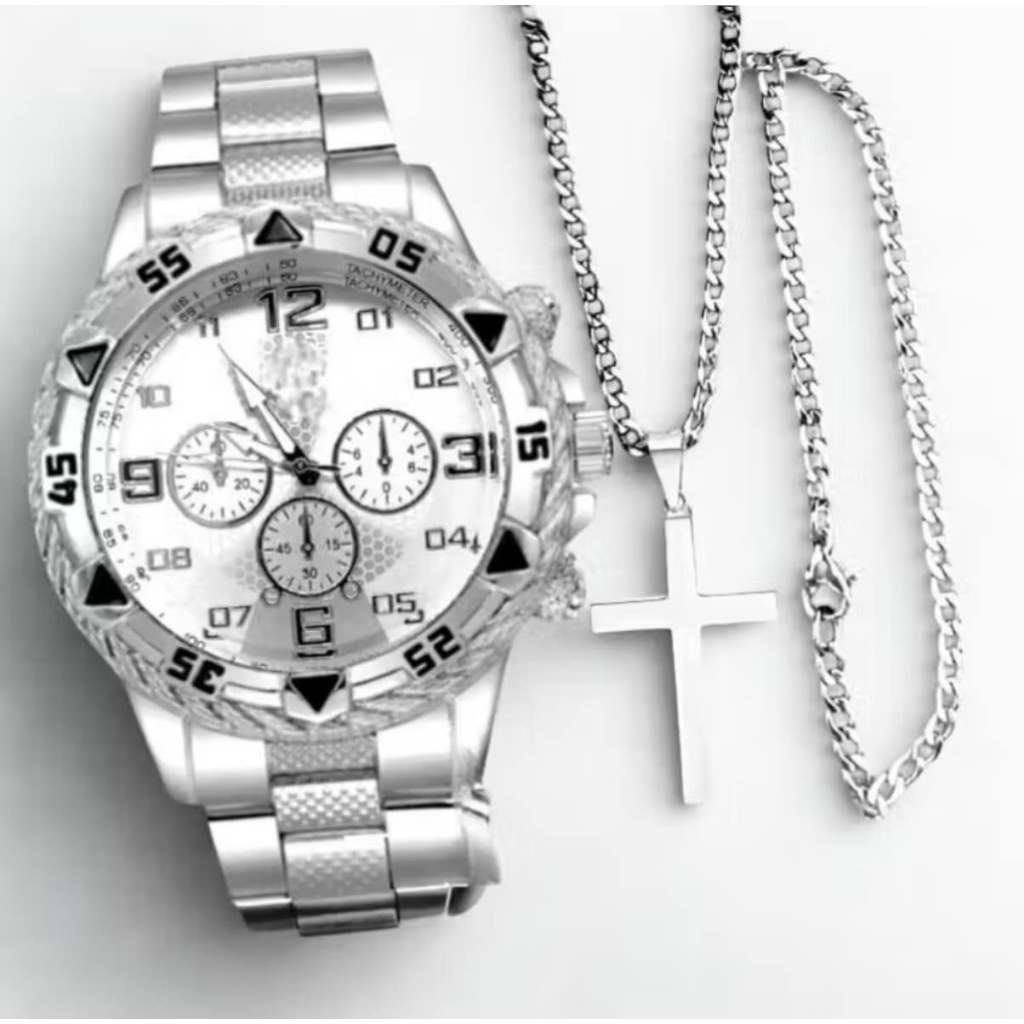 [Kit Relógio Masculino Aço Inox Resistente a Água ] Com Corrente + Pingente Cruz e Pulseira Premium