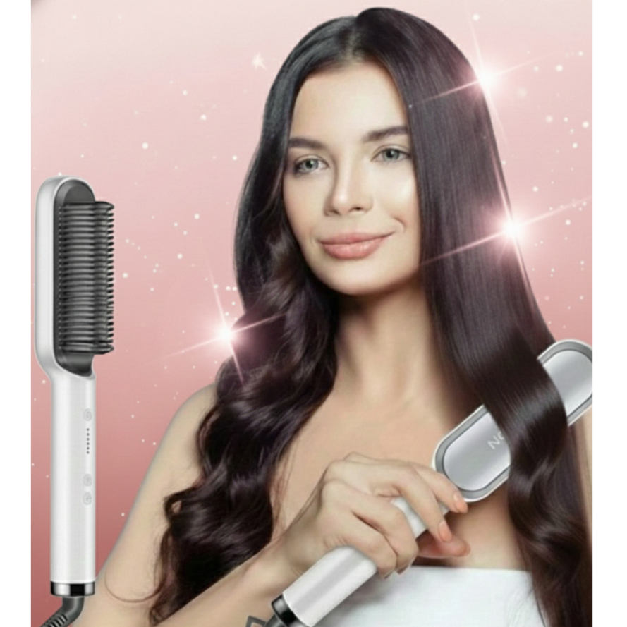 Escova Alisadora 5 em 1 Alisa, Hidrata, Modela, Alinha e Anti-Frizz Escova Mágica Bivolt BRANCA