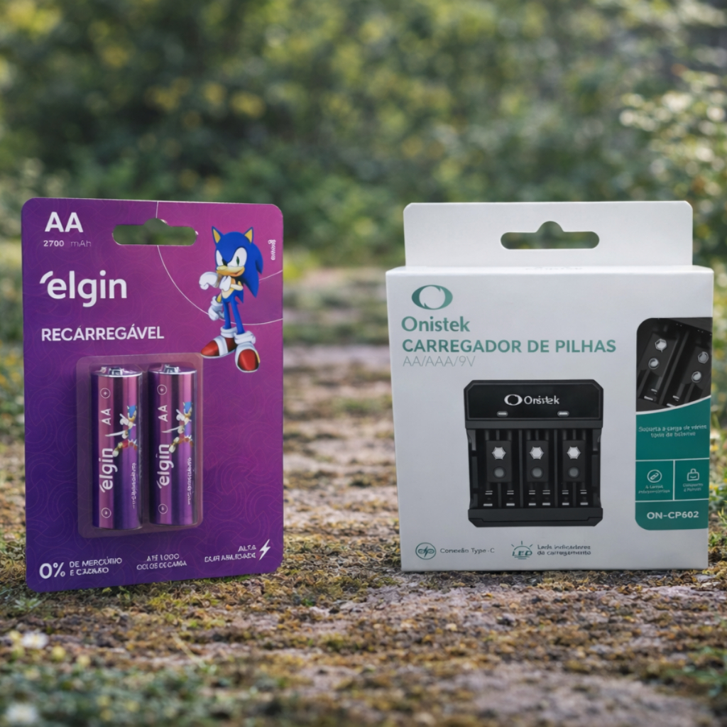 Carregador Onistek + 2 Pilhas AA 2700 mAh Elgin - Ideal para controles remotos