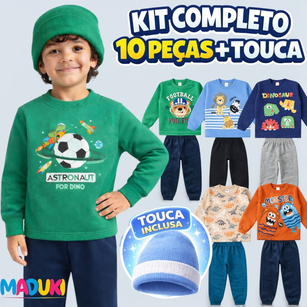 Lote 10 Peças Moletom + Touca  Infantil Menino Inverno