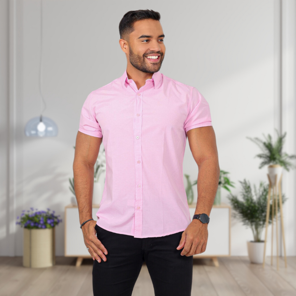 Camisa masculina manga curta slim fit luxo lisa