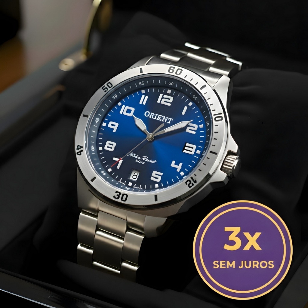 Relógio de Pulso Orient Masculino Prata com Fundo Azul Aço Inox Classic Social Bonito á Prova D'Água