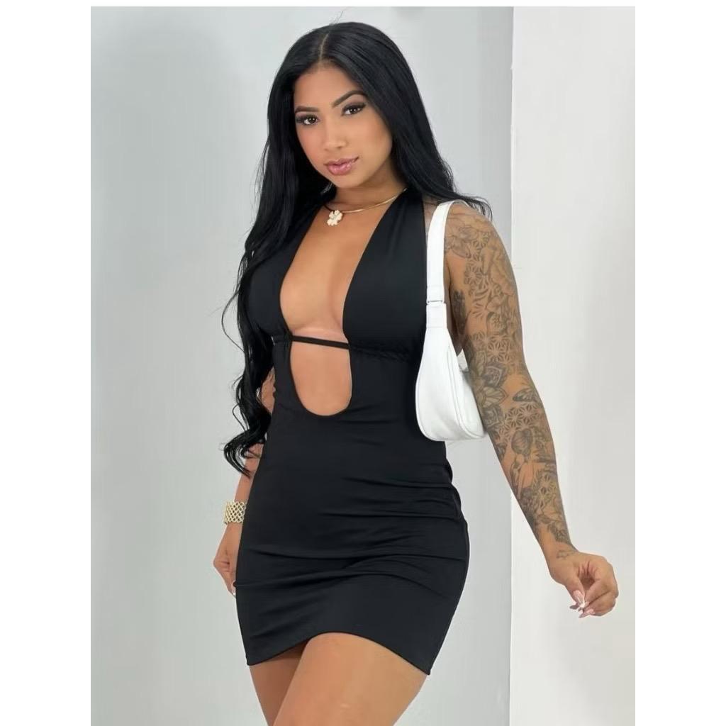 Vestido Curto Decotado e Elegante com Costas Aberta Para Festa na Praia/Piscina e Eventos no Verão em Oferta na Shopee