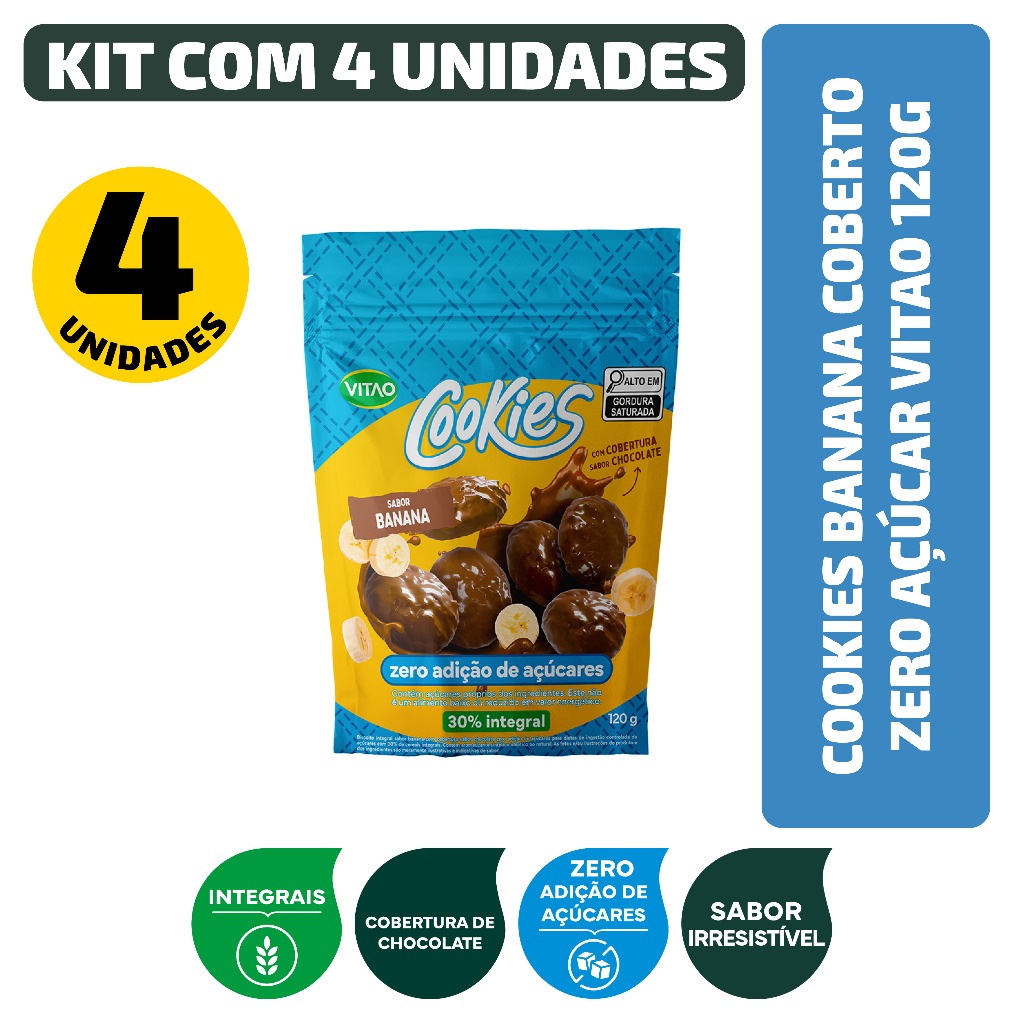 Kit Cookies Banana Coberto Zero Açúcar Vitao 120G - 4 Unidades em Oferta na Shopee