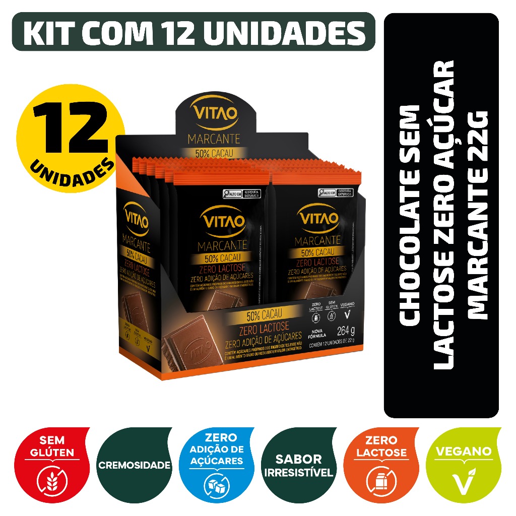 Kit Chocolate Sem Lactose Zero Açúcar Marcante 22G - 12 Unidades