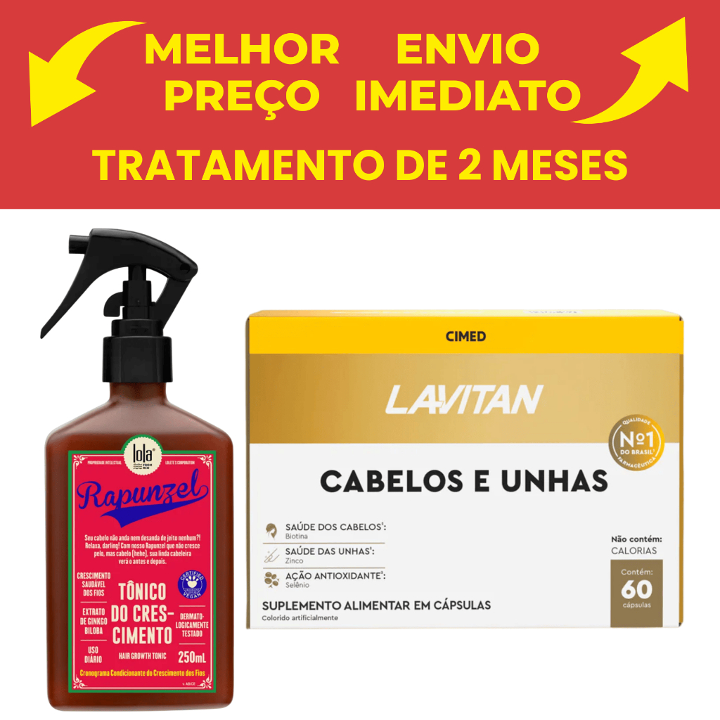 Kit Lavitan Cabelos e Unhas Com 60 caps e Tônico Rapunzel Lola Com 250ml em Oferta na Shopee