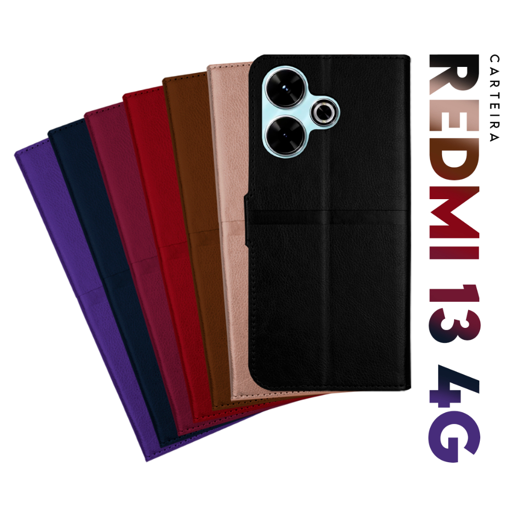 Capa Case Capinha Carteira Flip Cover Couro Sintético PRETA Para Xiaomi Redmi 13 4G tela 6.79 Cell in Power25