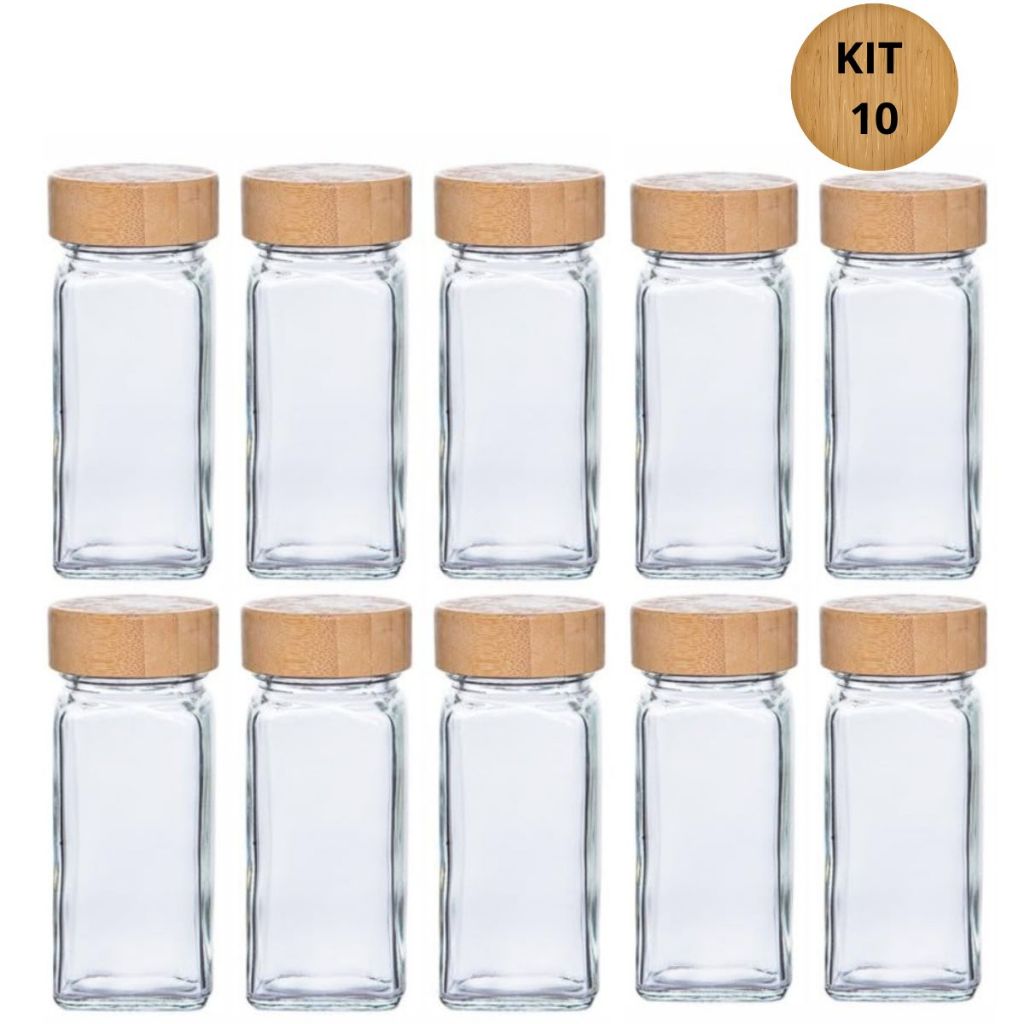 Kit 10 Pote Quadrado Bambu Vidro 120ml P/tempero C/tampa Cozinha em Oferta na Shopee