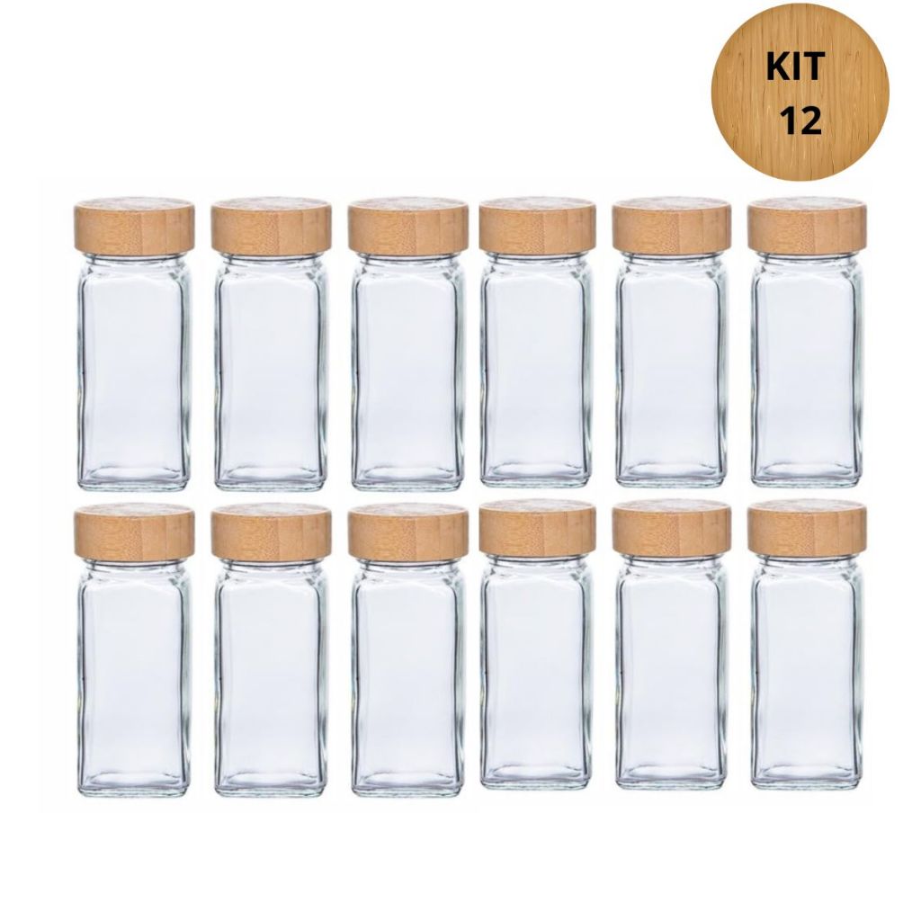 Kit 12 Potes Quadrados com Tampa de Bambu 120ml para Temperos