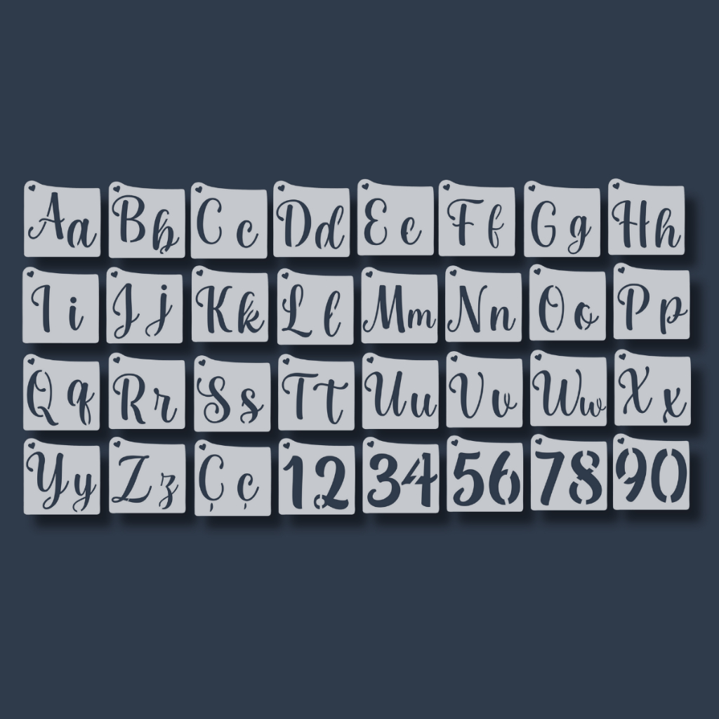 Kit 32 Stencil Moldes Alfabeto Letras e Números Maiúsculo Minúsculo Abecedário Infantil para Tecido