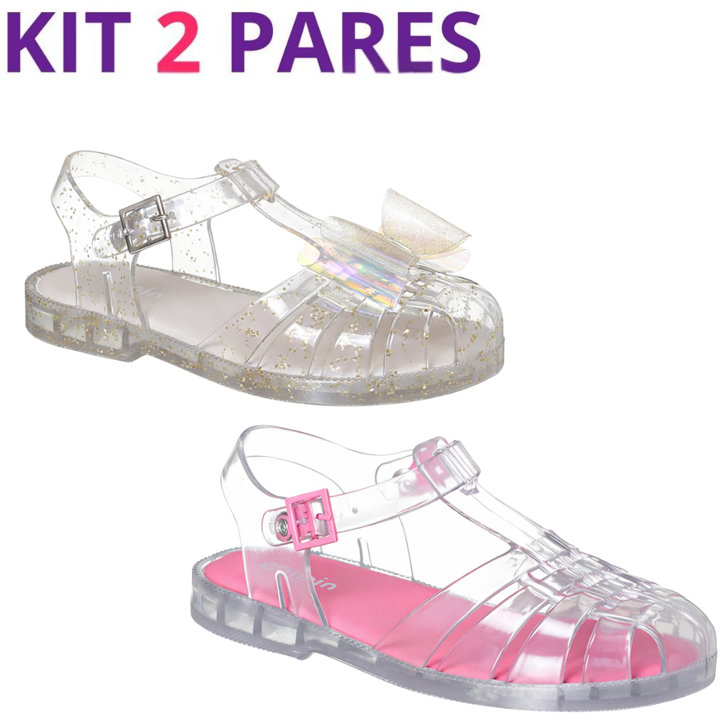 Kit 2 Pares Sandália Infantil Menina Gliter Ouro Confortável Laço Transparente Camin Original em Oferta na Shopee