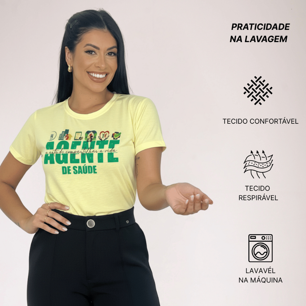 shirt Baby Look Feminina Agente de Saúde Profissional Estampada Blusa Polielastano Leve Conforto Manga Cu