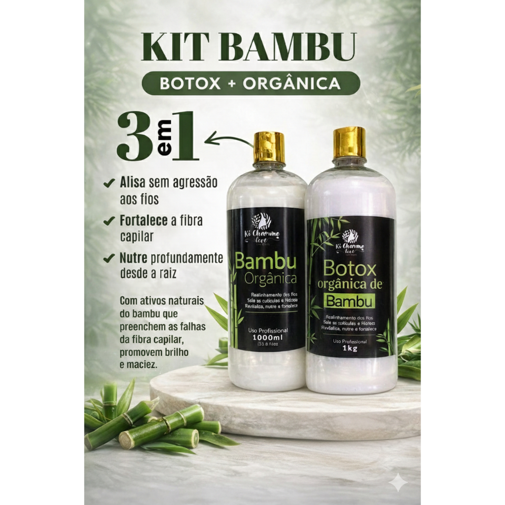 Kit Escova Orgânica + Botox Capilar de Bambu Ki Charme Love 1kg  Profissional – Liso Espelhado, Sem Formol,