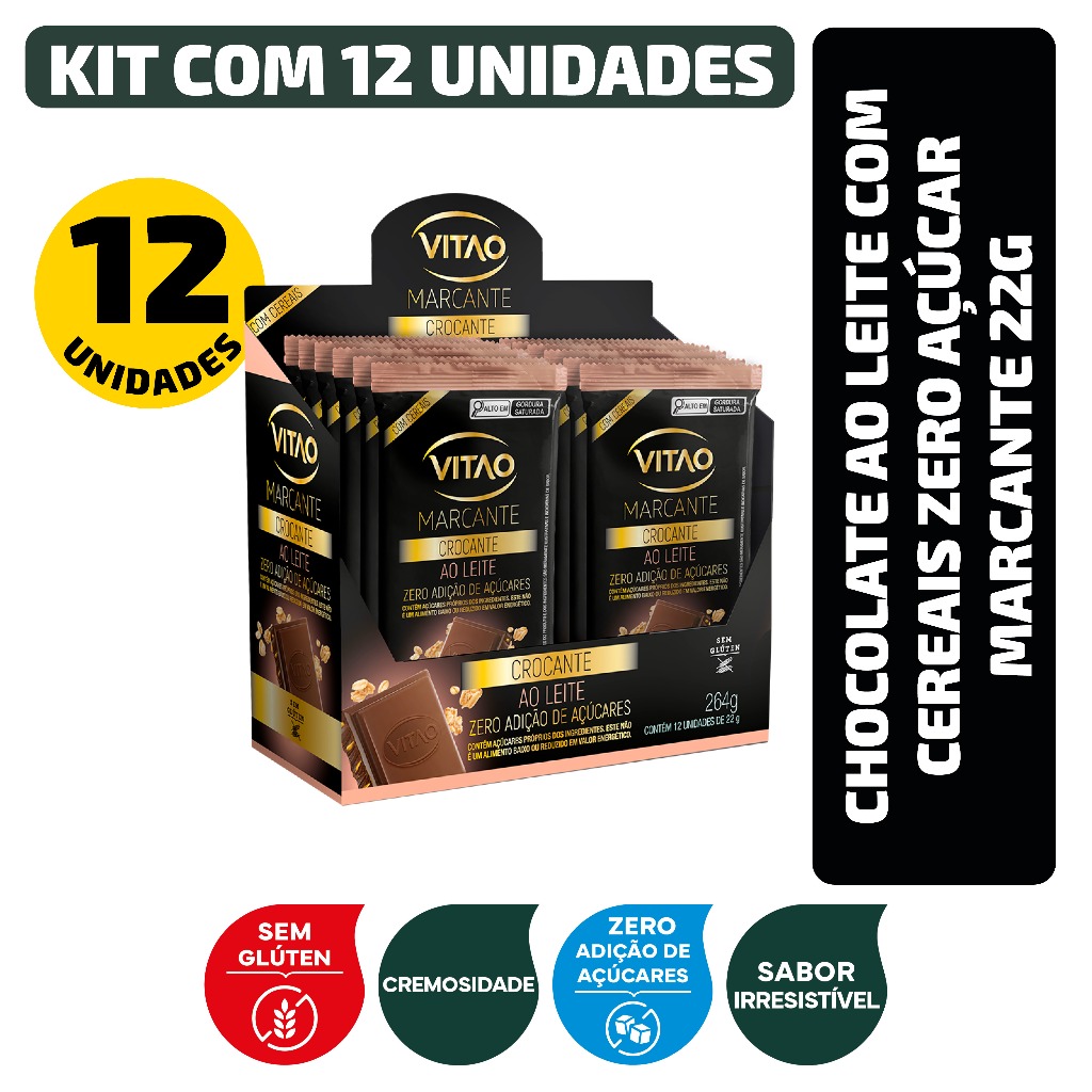 Kit Chocolate Ao Leite Com Cereais Zero Açúcar Marcante 22G - 12 Unidades