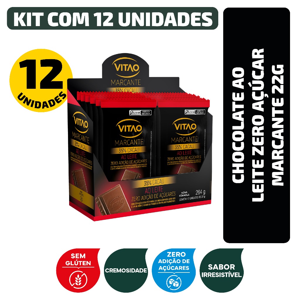 Kit Chocolate Ao Leite Zero Açúcar Marcante 22G - 12 Unidades em Oferta na Shopee