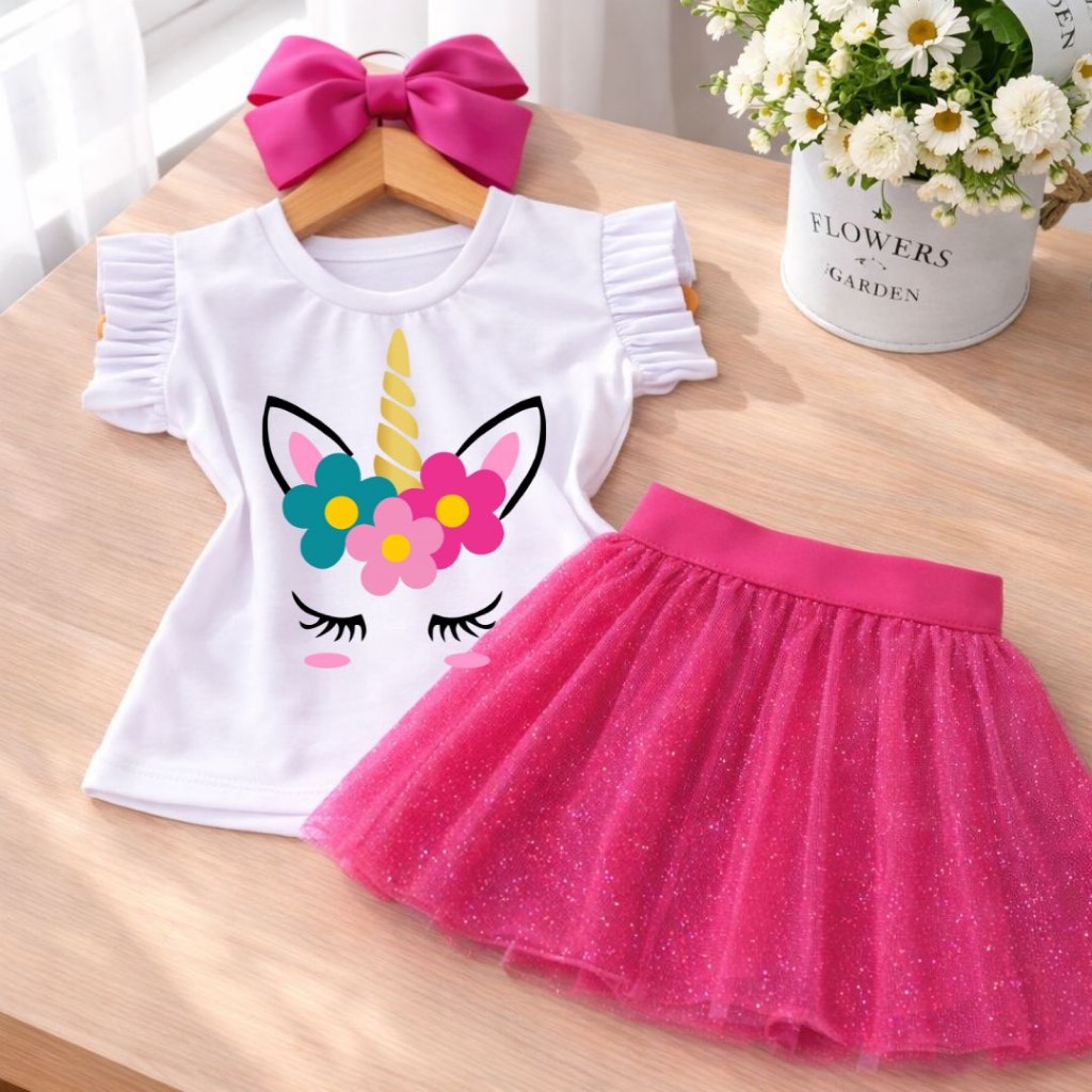 Conjunto infantil unicórnio para meninas saia tule Gliter rosa pink fashion e blusa branca verão fantasia