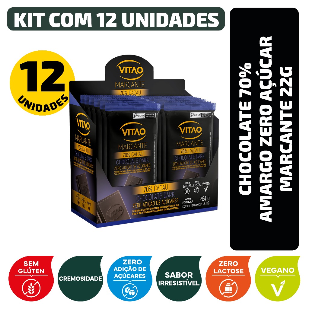 Kit Chocolate 70% Amargo Zero Açúcar Marcante 22G - 12 Unidades