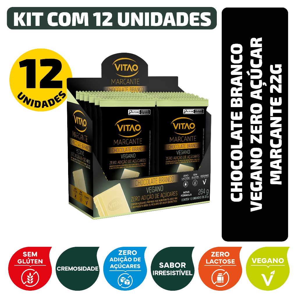 Kit Chocolate Branco Vegano Zero Açúcar Marcante 22G - 12 Unidades em Oferta na Shopee