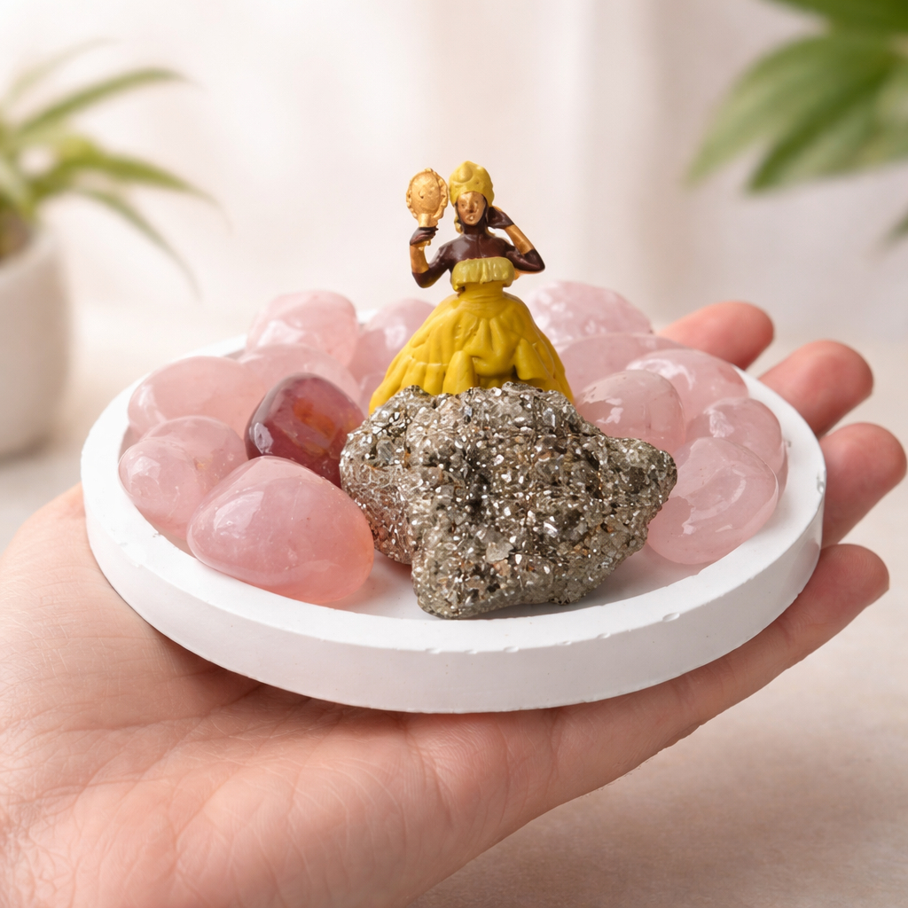 Altar Oxum Umbanda com Imagem + Quartzo Rosa e Pirita | Amor e Prosperidade
