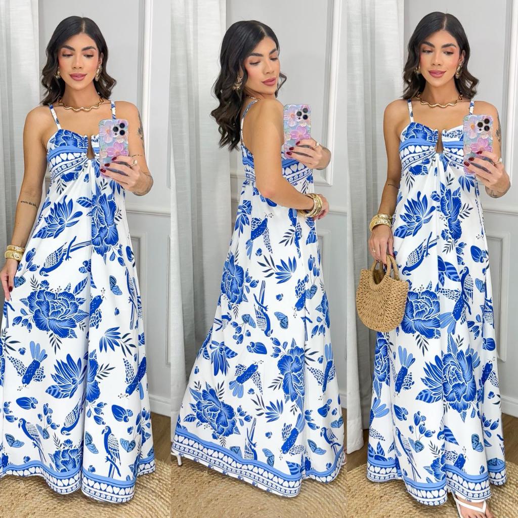 Vestido Feminino Estampado longo moda casual verão em Oferta na Shopee