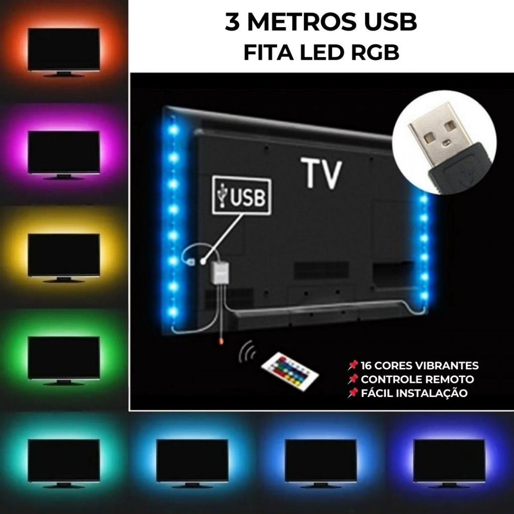 LED Para TV Fita RGB Colorida 3 Metros Auto Adesiva USB Com Controle 16 Cores E Efeitos