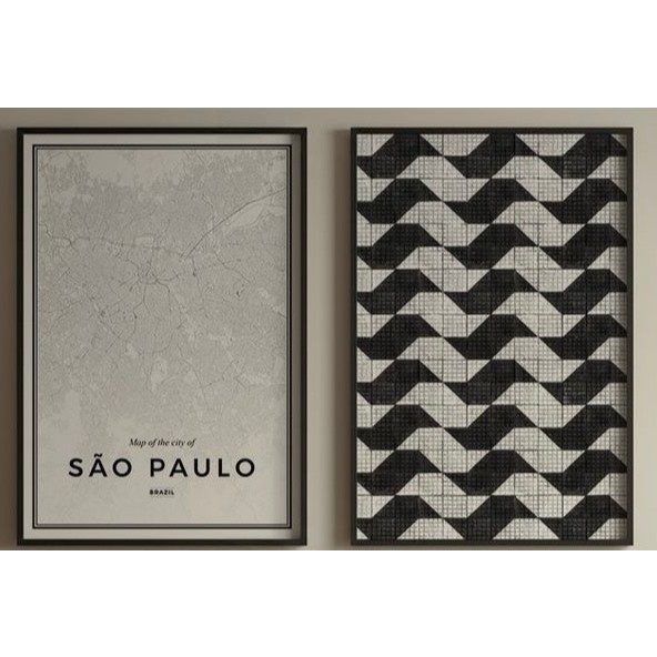 Quadros Decorativos Urbanos Mapa Cidade de São Paulo e Calçadão de SP Preto e Branco (2 peças)
