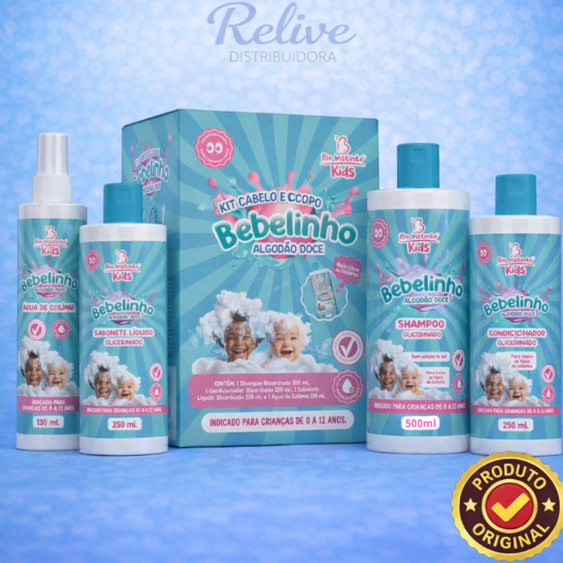KIT INFANTIL 04 ITENS BEBELINHO ALGODÃO DOCE BIO INSTINTO SHAMPOO CONDICIONADOR - SABONETE - COLONIA