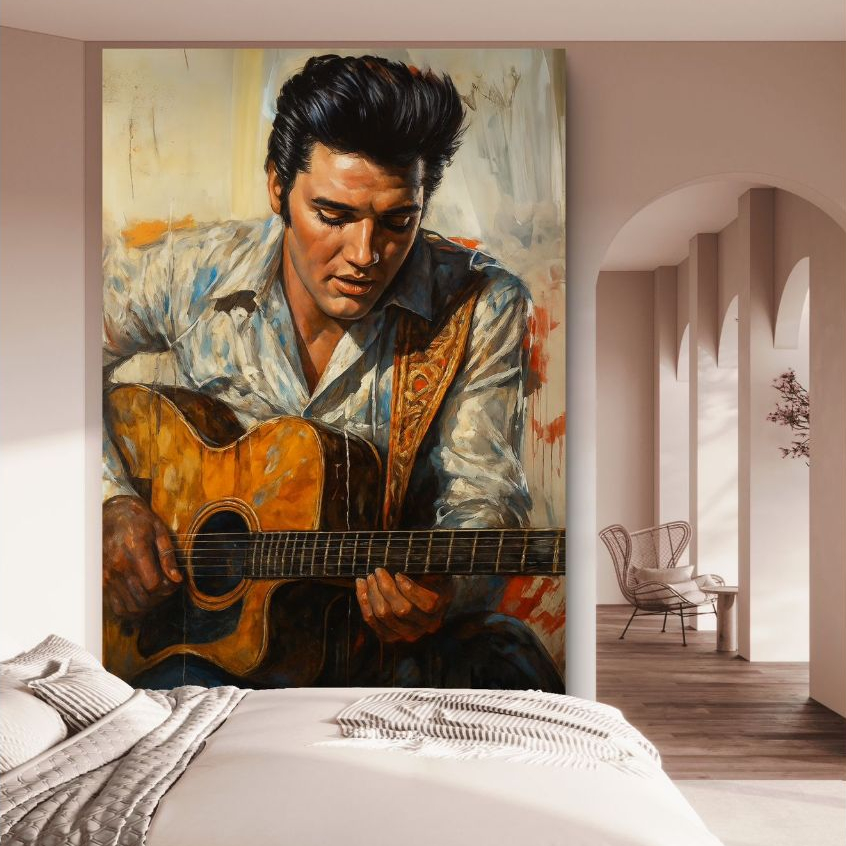 Quadro Decorativo Elvis Presley Com Violão Em MDF 110x80 Arte Retrô Musical Moderna