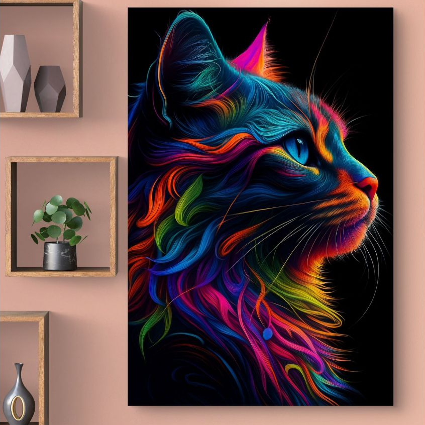 Quadro Decorativo Gato Colorido Neon Em MDF 110x80 Arte Moderna Abstrata Vibrante em Oferta na Shopee