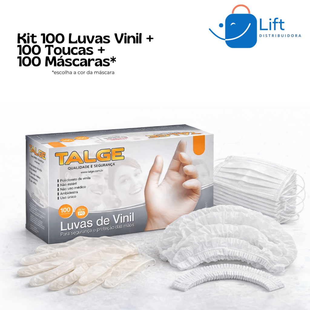 Kit 100 Luvas Vinil Sem Pó +  100 Toucas Descartáveis Branca +  100 Máscaras Descartáveis* em Oferta na Shopee