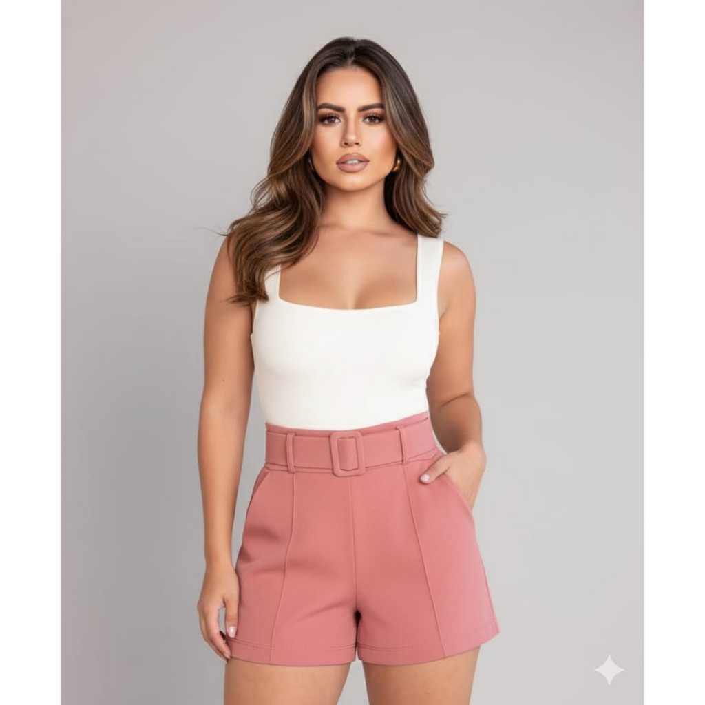 Shorts Feminino Fivela Curto Cintura Alta Malha Crepe com Bolso Elastano Bermuda em Oferta na Shopee