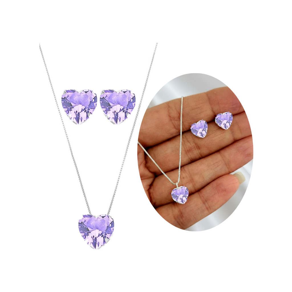 Colar E Brinco Coração Brilhante Colorido Rosa Vermelho Lilás Cravejado Prata 925 Antialérgico em Oferta na Shopee