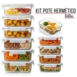 Kit 1, 2 ou 6 Pote Hermético 640ml de Vidro Retangular Para Marmita Micro-ondas Forno Tampa 4 Travas em Oferta na Shopee