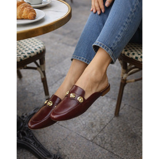 Mule Feminino Luxo Vermelho Marsala Vinho com Detalhe Dourado Elegante, Confortável e Versátil Easy Chic Envio Imediato