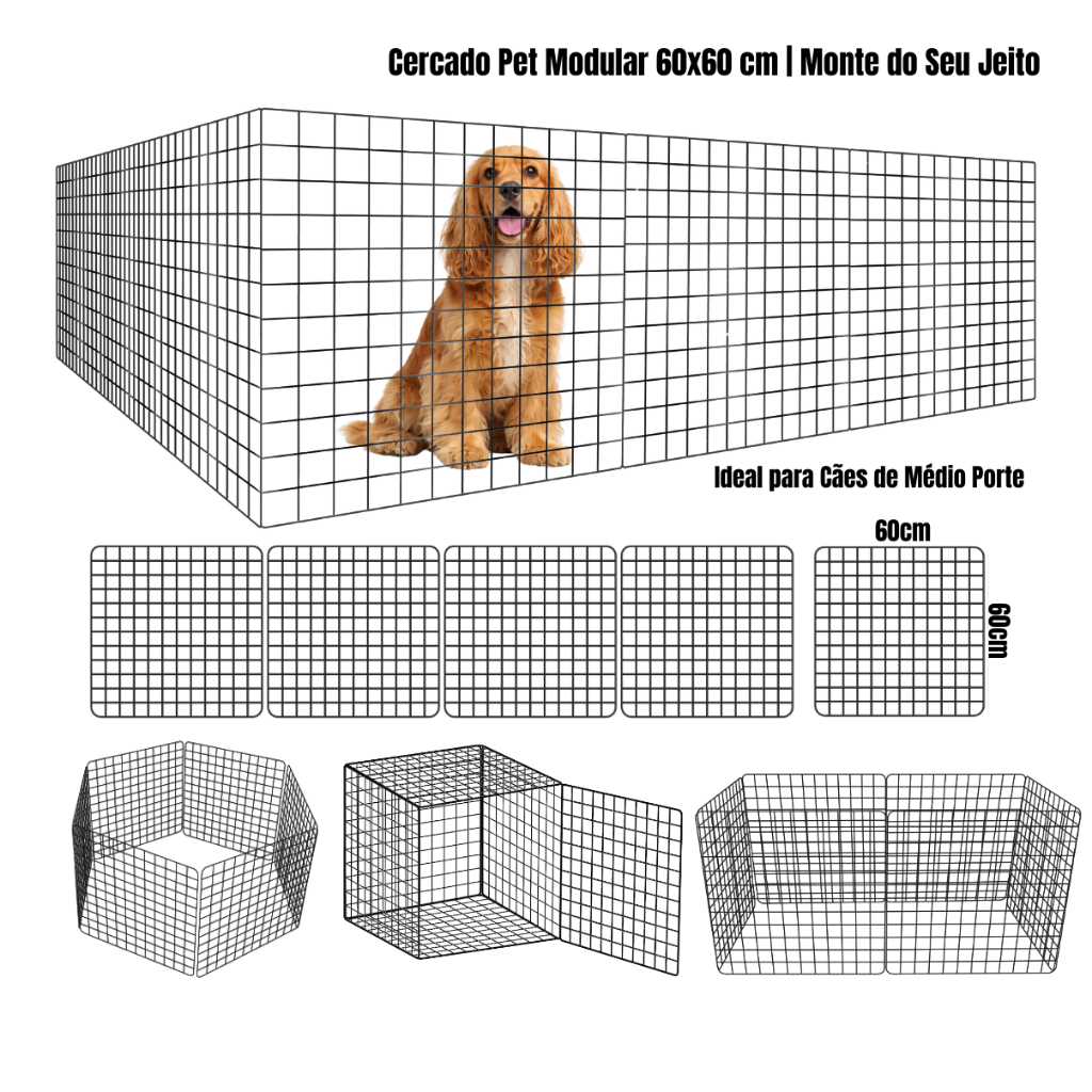 Cercado Pet Ajustável para Cachorro Até 12 Módulos 60x60cm em Metal