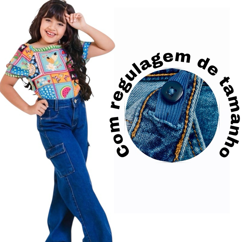 Calça cargo infantil e juvenil 06 ao 16 anos com regulagem interna