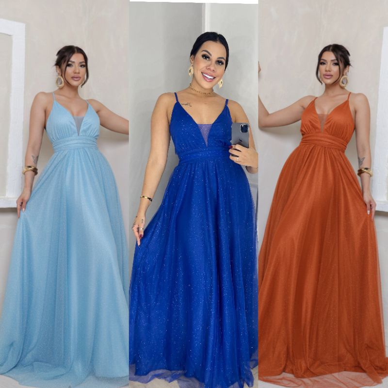 vestido natasha alça con decote v para festas formandas madrinhas convidadas brilhoso