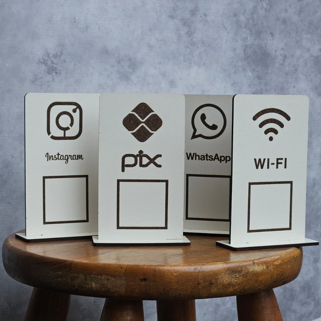 Kit 4 Placas QR Code - MDF - Pix, Instagram, WhatsApp e Wi-Fi, Plaquinha display para loja comercio