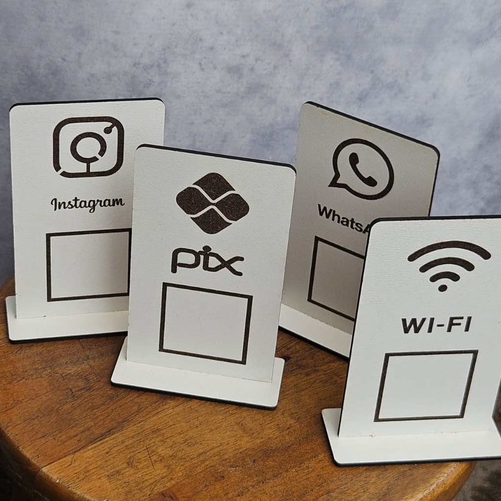 Placas QR Code - MDF - Pix, Instagram, WhatsApp e Wi-Fi, Plaquinha display para loja comercio