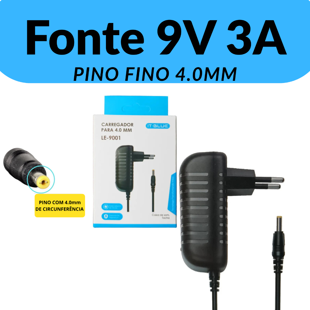 Fonte Carregador 9V 3A Para Caixa de Som Pino Fino 4.0mm Bivolt em Oferta na Shopee