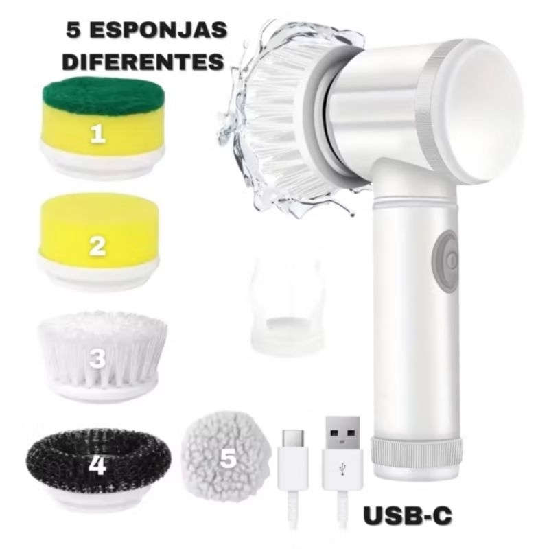 Escova Elétrica de Limpeza 5 em 1 Sem Fio Limpador Multiuso Prático Com Mais Duas Cabeças de Escova