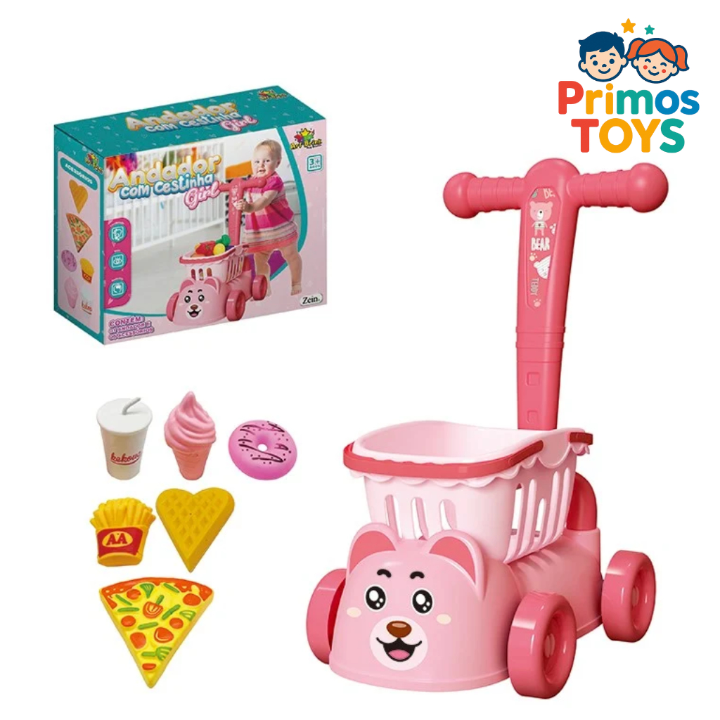 Andador Infantil Menina Rosa com Cestinha e Comidinhas | Carrinho de Mercado Ursinho