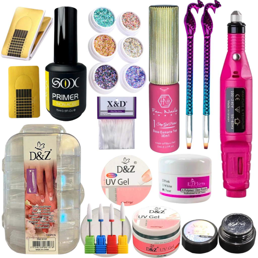 Kit Unhas em Gel Profissional Completo com Lixadeira Elétrica Nail Designer D&Z Sioux