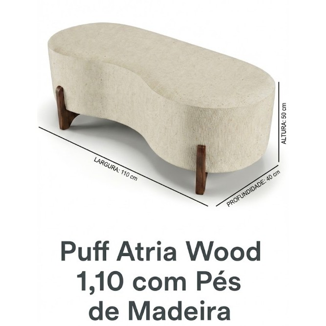 Puff Atria Wood 1,10m em Linho Premium • Pés de Madeira • Design Orgânico Moderno para Sala e Quarto 🛋️✨