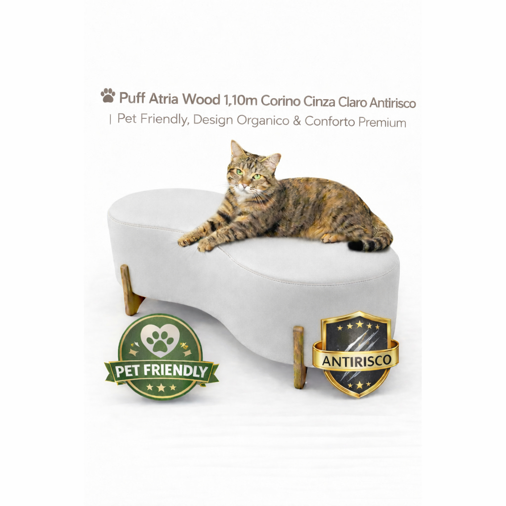 Puff Atria Wood 1,10m Corino Cinza Claro Antirrisco | Pet Friendly, Design Orgânico